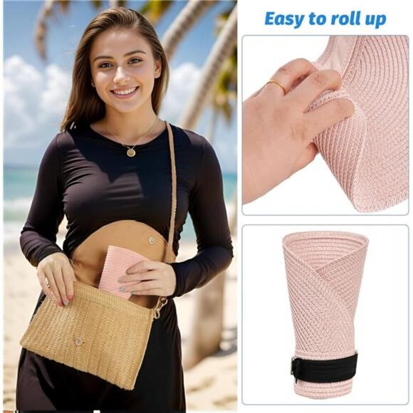 Pink Wide Brim Straw Sun Visor Hat – Adjustable Roll-Up Straw Visor for Women main image 5